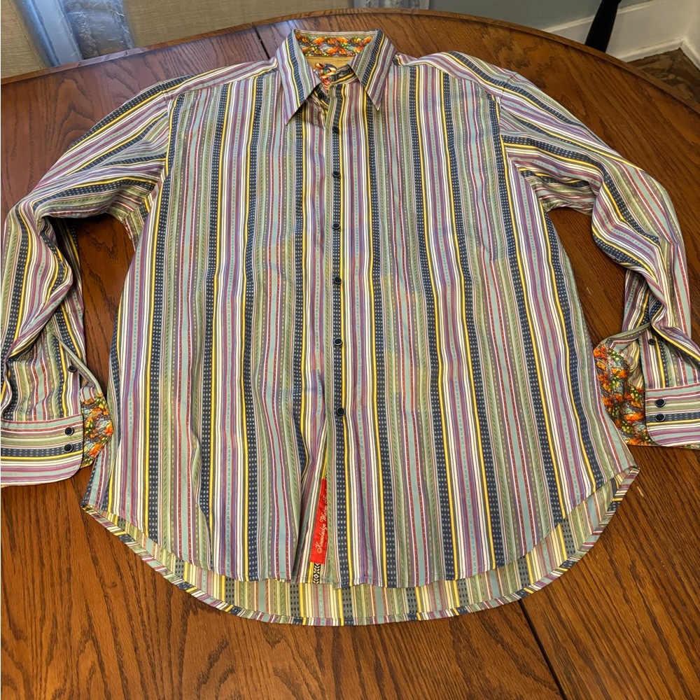 Robert graham mens button front flip cuff rainbow striped shirt XL